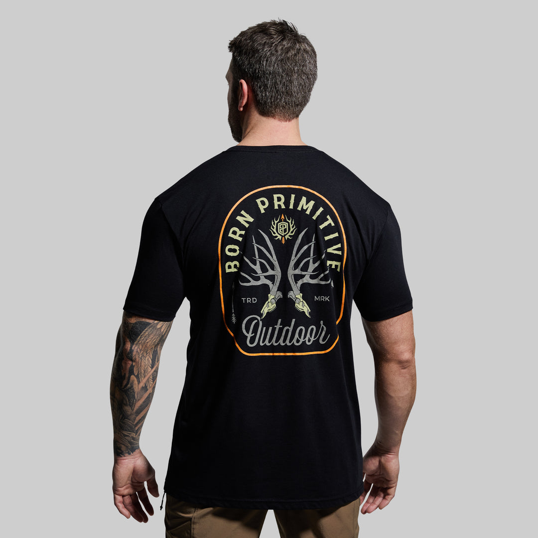 Outdoor Mule Deer Badge T-Shirt T-shirt | Black from Born Primitive for Genejack WOD